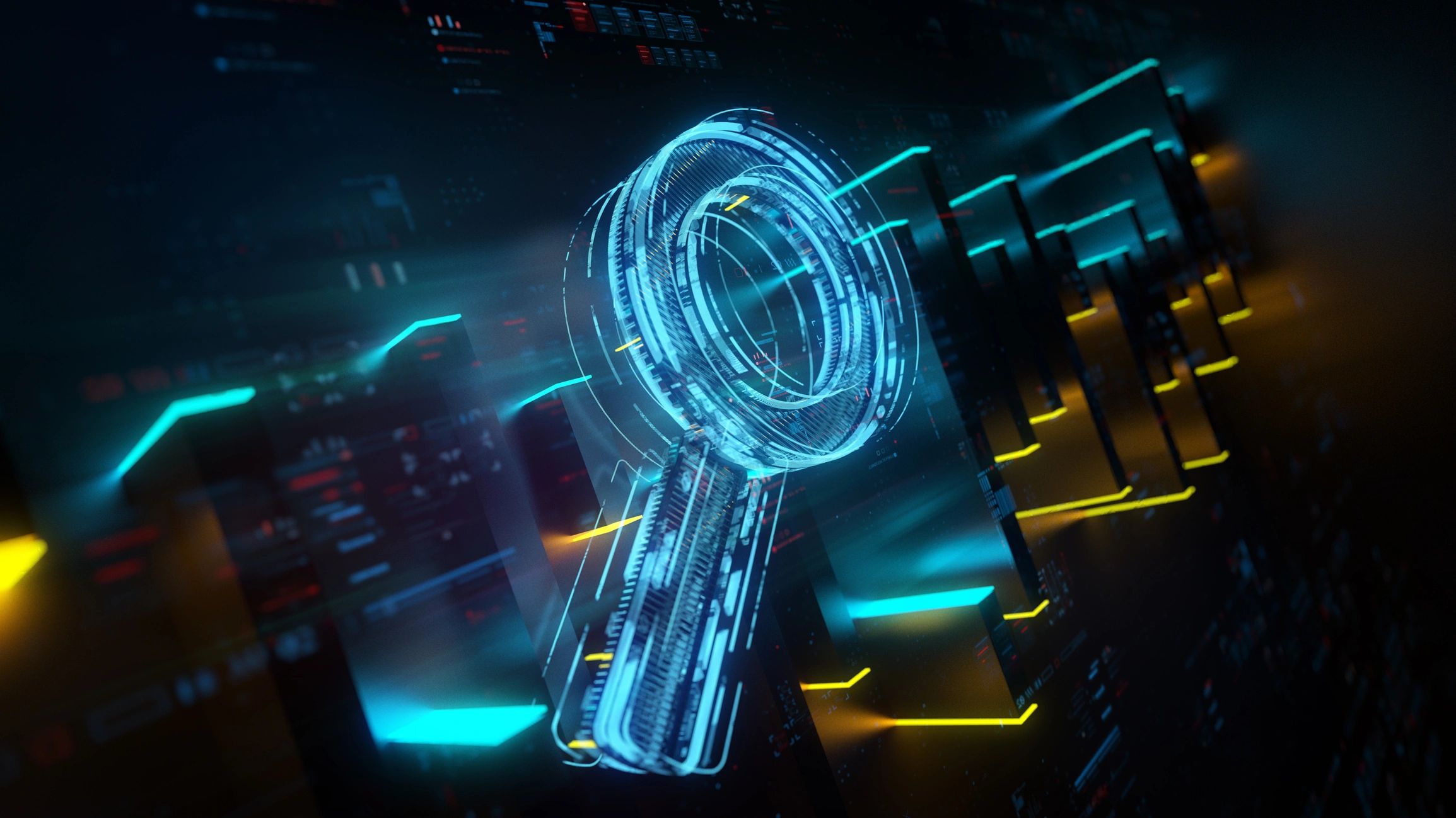 Futuristic digital dashboard with search and data visuals