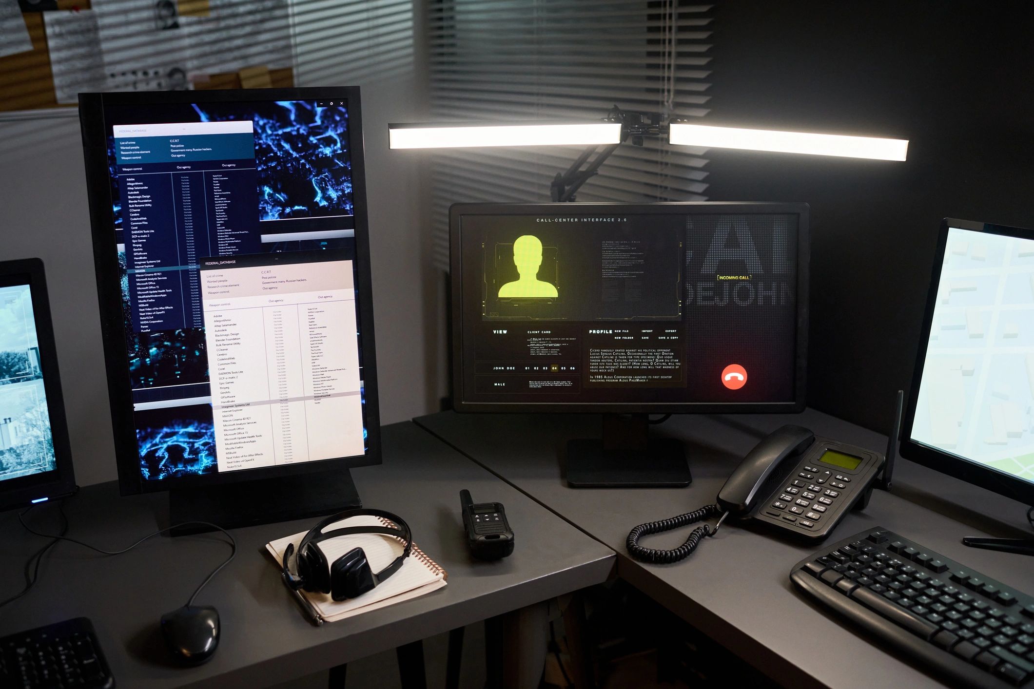 Support workstation displaying customer and systems data